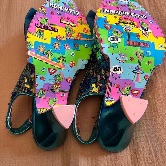 🌸 IRREGULAR CHOICE Blue sequin bow game over pointy sling back heel shoes size 7 - Picture 5 of 6